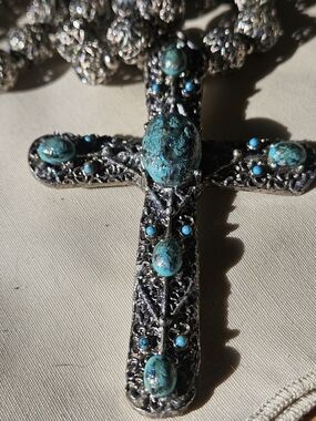 Monet Silver-Tone Cross Necklace with Turquoise Stones